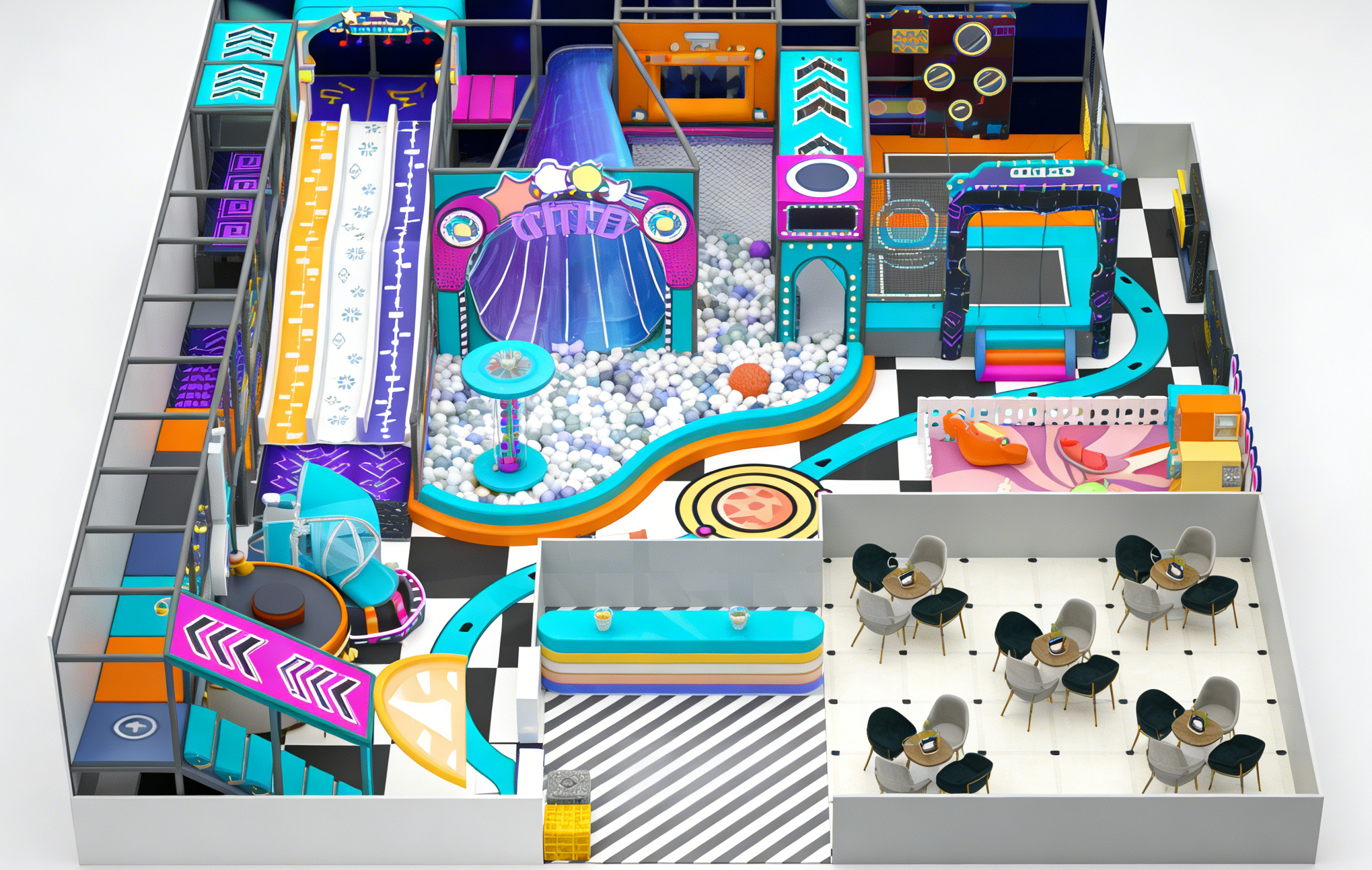 Customized Indoor Playground Children Soft Play Equipment Commercial Play Cafe With Ball Pool Big Slide and Trampoline