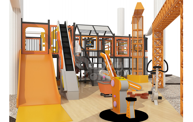 Construction Style Kids Play Structure Industrial Themed Indoor Playground Equipment with Slides and Interactive Games