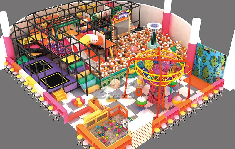 Customized Theme Commercial Children's Indoor Playground Kids Soft Play Area With Rainbow Net and Climbing Wall for Sale