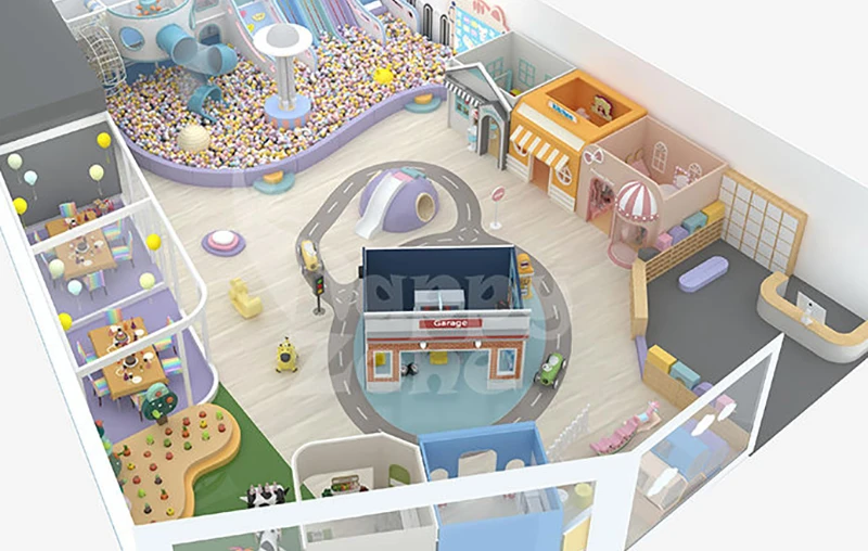Nature Theme Indoor Playground Equipment Soft Play Cafe Area Children Pary Room Role Play House with Ball Pit Slide Swing