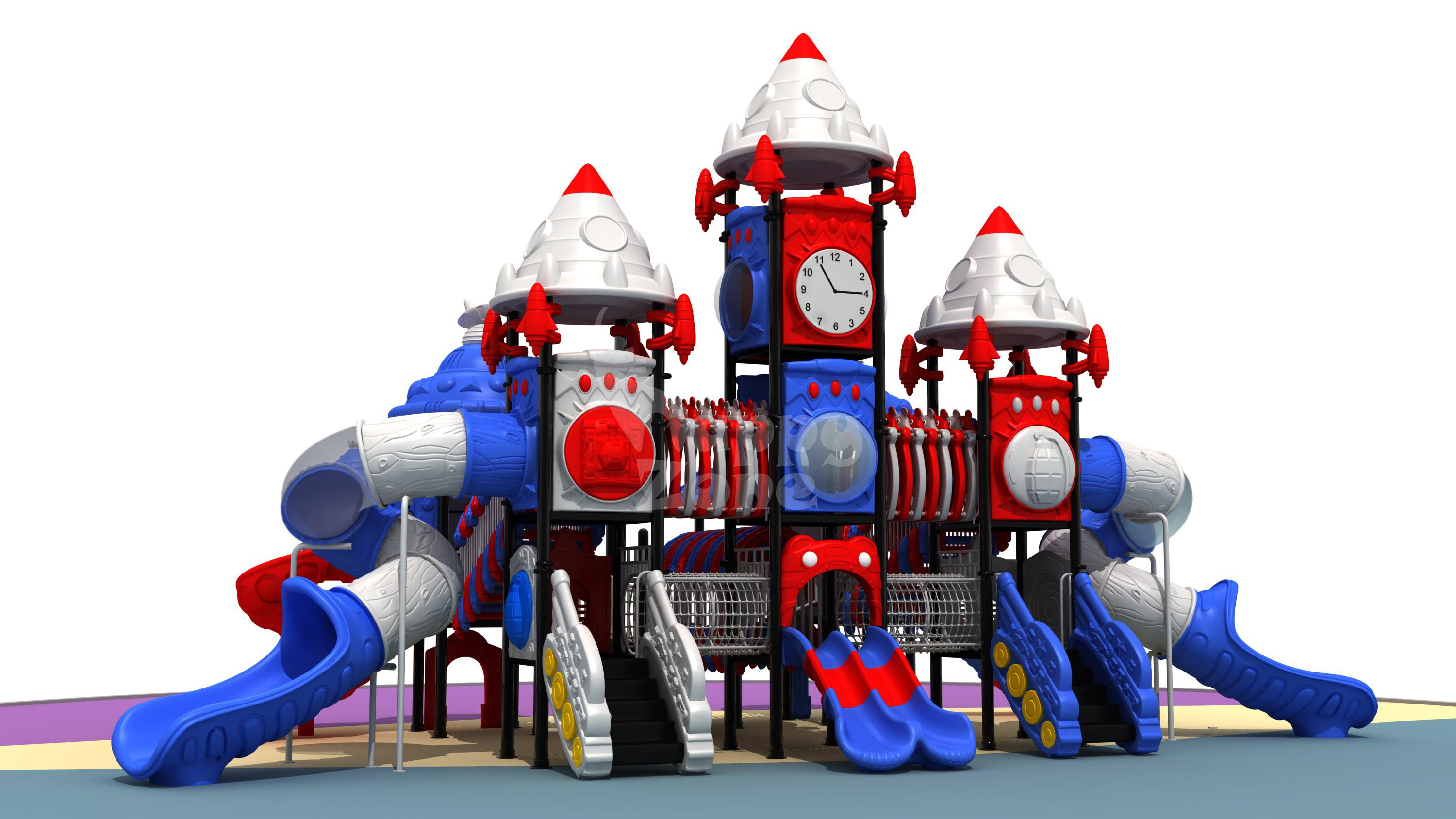 Creative Rocket Theme Commercial Playground Equipment with Tube Slides, Crawl Tunnels and Activity Panels