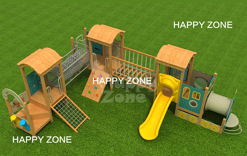 Natural Wood Train Themed Outdoor Playground Equipment | Commercial Kids Wooden Play Structure with Slide, Rock Climbing Wall, Rope Tunnel, Suspension Bridge for Preschool, Park & Backyard